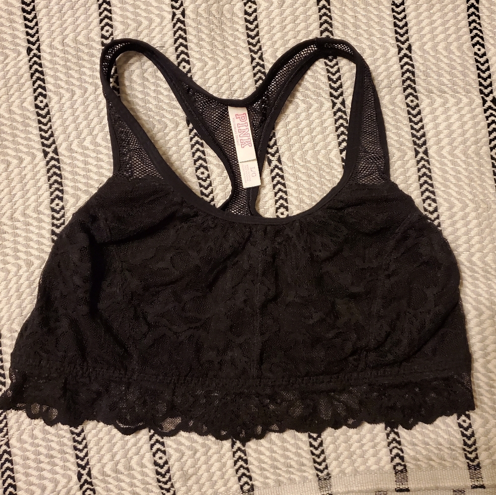 PINK, black lace bralette